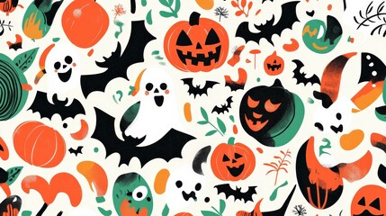 A festive Halloween-themed illustration featuring pumpkins, ghosts, and bats.