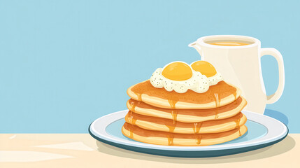Delicious pancakes topped with eggs and syrup evoke warm, inviting breakfast feeling.