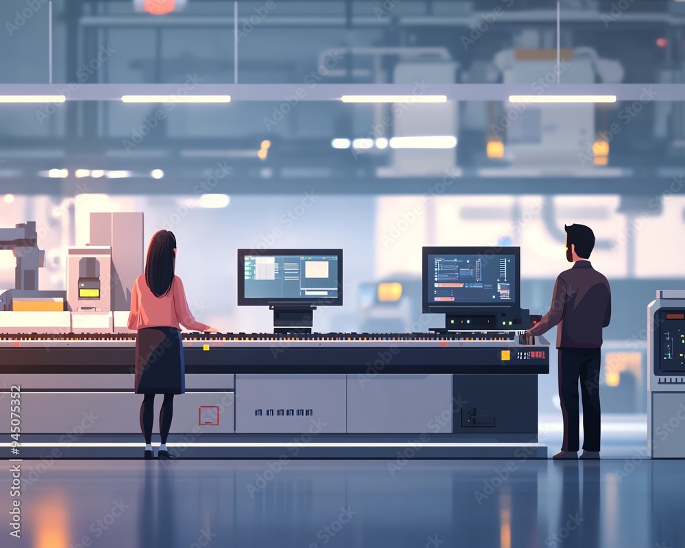Poster male and female at electronics production line, using computer, augmented reality of conveyor belt w