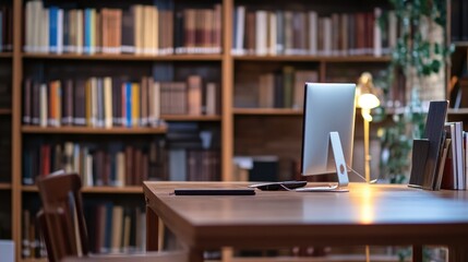 A serene library environment features a wooden table with a computer and a blurred background of bookshelves filled with various titles