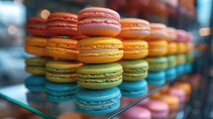 Colorful macarons stacked elegantly, showcasing a variety of vibrant hues, perfect for dessert lovers and food photography.