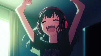 A girl with headphones wearing a dark shirt joyfully raises her arms in excitement, immersed in music and enjoying the peaceful atmosphere of her room