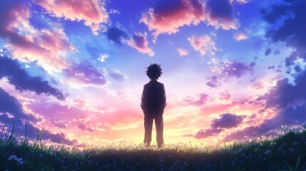 A solitary figure stands with his back turned, admiring a breathtaking sky painted with vibrant hues at dusk, surrounded by tranquil grassland