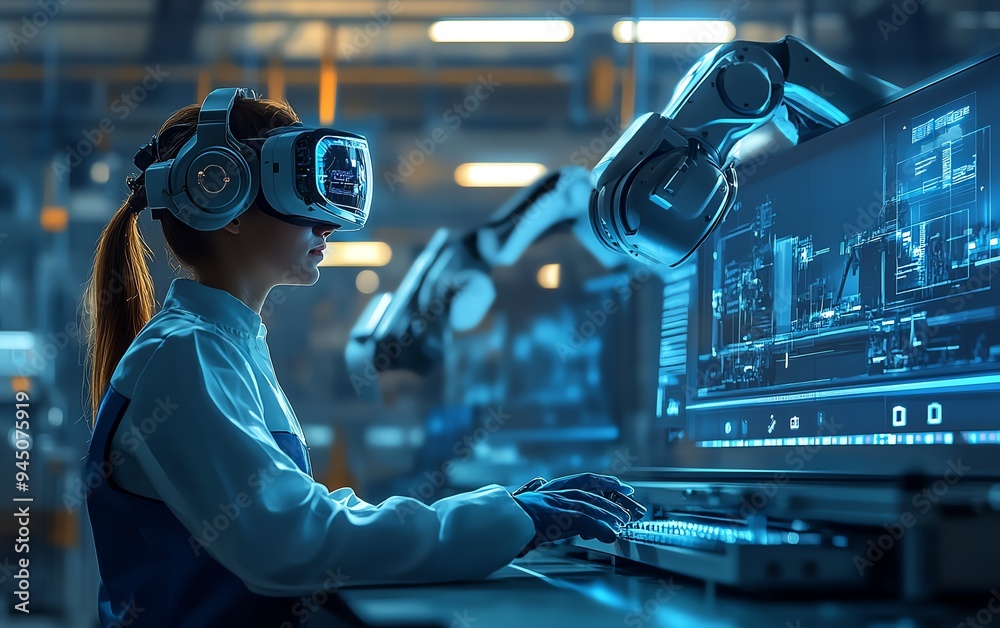 Aufkleber male and female in electronics factory, using computer, augmented reality showing conveyor belt and 