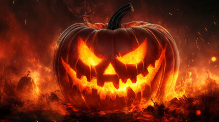 Fototapeta premium A creepy pumpkin featuring glowing eyes that cast an ominous light, perfect for enhancing the spooky atmosphere of your Halloween projects.
