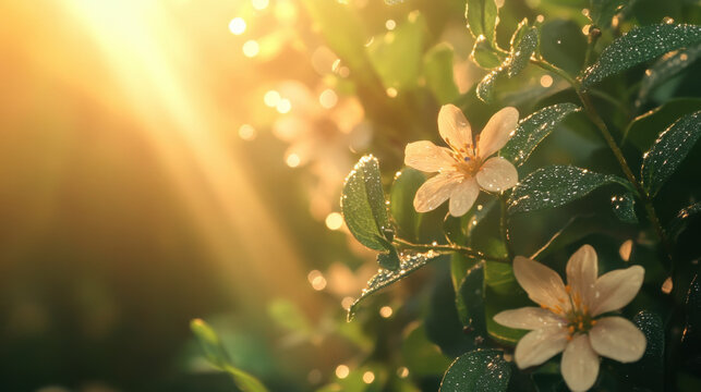 Sunbeams illuminating fresh flowers and leaves, tiny dew drops twinkling, elegant