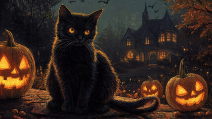 A black cat illuminated by the glow of jack-o'-lanterns, creating a haunting and enchanting atmosphere for Halloween-themed visuals.