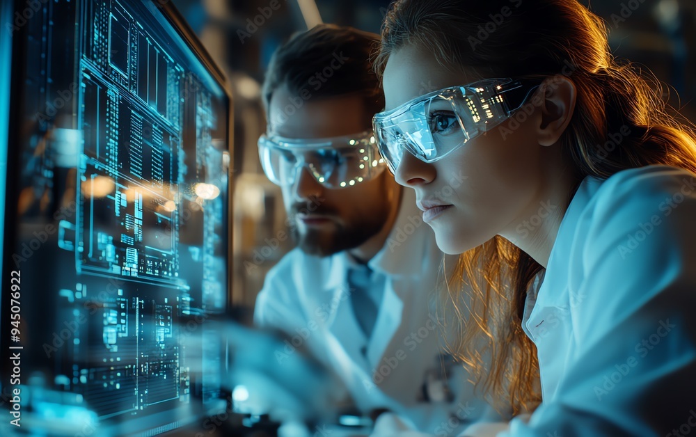 Aufkleber male and female in electronics factory, using computer, augmented reality showing conveyor belt and 