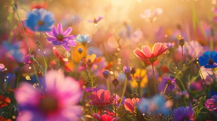 A field of wildflowers in full bloom, swaying gently in the breeze as sunlight filters through the petals, filling the air with a sense of joy and wonder.