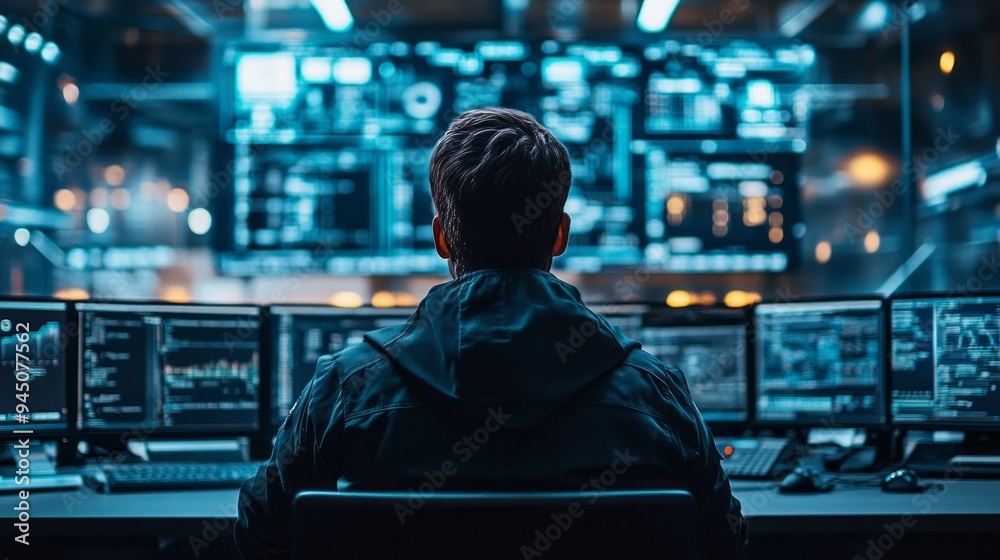 Poster A man is sitting in front of a computer monitor with several screens