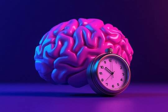 Vibrant neon brain model with a clock symbolizing the concept of time management cognitive function and the pressures of modern life in a visually striking setting