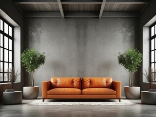 Orange Leather Sofa in a Modern Loft Living Room