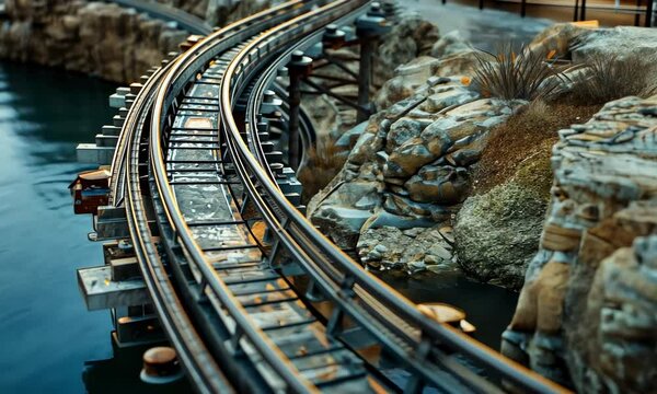 Close-up of a miniature roller coaster track over calm water