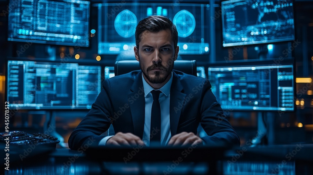 Poster A man in a suit is sitting at a computer with a serious expression on his face