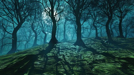 A forest of upside-down trees with roots reaching towards the sky, casting surreal shadows on a grassy hillside bathed in moonlight.