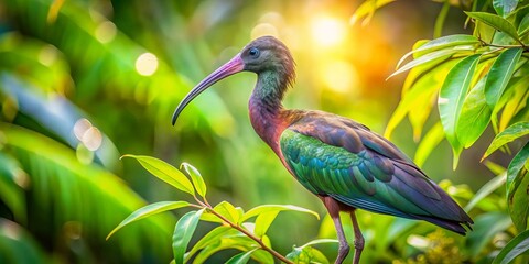Obraz premium Iridescent Glossy Ibis feathers shimmer in warm sunlight, enveloped by lush tropical foliage. Soft focus and subtle saturation evoke a serene mood, highlighting coexistence between nature 