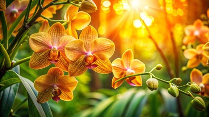 Fototapeta premium Iridescent gold petals unfurl amidst lush greenery, radiating warmth in soft light, as delicate tendrils weave through rusty hues, capturing tranquility in this idyllic haven.