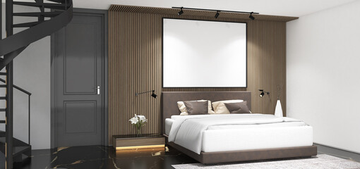 3d render of minimal bedroom with black spiral stairs and frame mockup. Black marble, floor, wood louvre backdrop and white ceiling. Set 3