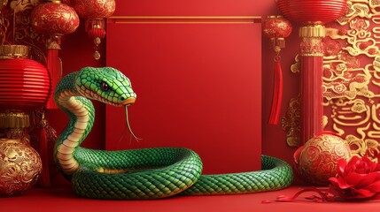 A green snake is laying on a red background with red lanterns in the background