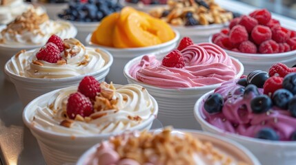 Delicious variety of frozen yogurt topped with fresh fruits and nuts, perfect for a refreshing dessert.