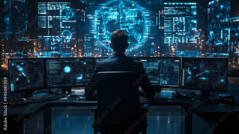 Poster A man is sitting in front of a computer monitor with a blue globe on it