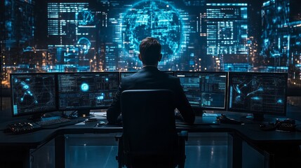 A man is sitting in front of a computer monitor with a blue globe on it