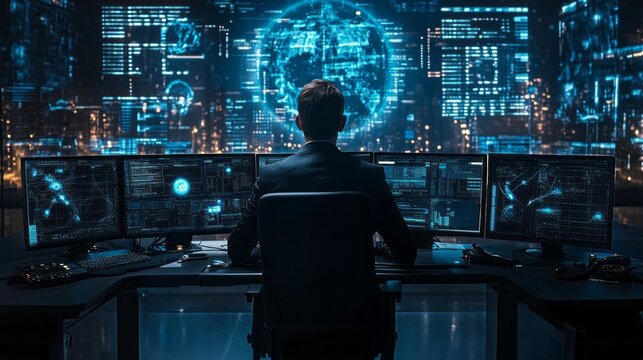 A man is sitting in front of a computer monitor with a blue globe on it - Powered by Adobe