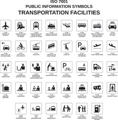 set of iso 7001 transportation facilities symbols on white background