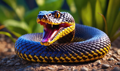 Fototapeta premium A blue and yellow snake with its mouth open in a threatening posture, poised on a dirt path surrounded by green foliage