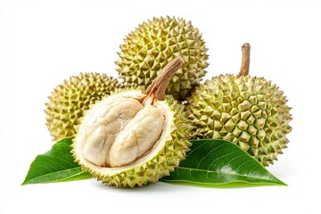 Naklejka premium A cluster of durians, with one cut open, showcasing its creamy flesh and spiky exterior.