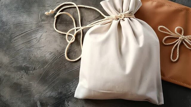  white and brown cloth drawstring bags on a rustic background.