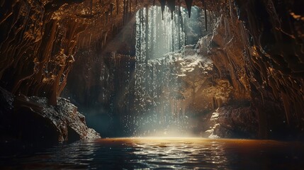 A mystical cave illuminated by shafts of light, with ancient symbols carved into the walls and the sound of dripping water echoing through the chamber, creating a space for introspection and inner 