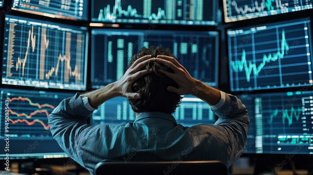 Poster a man is sitting in front of a computer monitor with his hands on his head