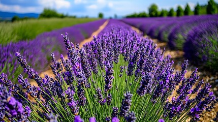 Obraz premium Purple lavender blooms in a field, the background softly blurred.