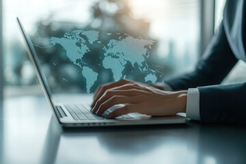 Businessman is diligently working on his laptop, strategically planning his next move in the global market. The world map behind him symbolizes his international business aspirations