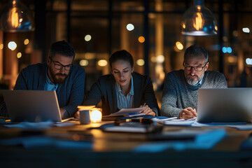 Young office workers are concentrating on their work while using laptop computers in a modern coworking space late at night