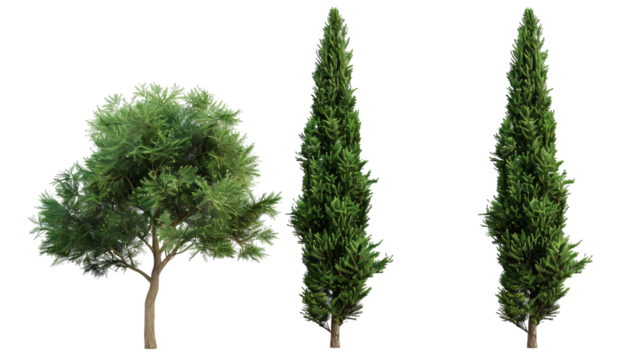 Three trees are standing in a row on a transparent background