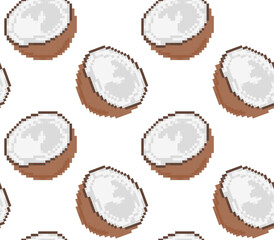 Pixel seamless pattern of coconut halves in vector. Suitable for background, textile, tropical, gaming and retro designs.