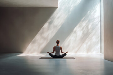 Fitness instructor practicing yoga in a bright room with sunlight shining through the windows. She is sitting on the floor in a lotus pose and meditating