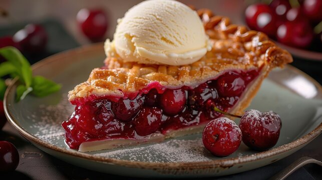 Delicious cherry pie slice topped with creamy ice cream, served on a rustic plate with fresh cherries and a hint of mint.