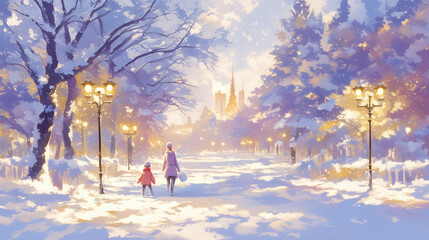 冬の公園で心温まるひととき - 優しい光に包まれた雪景色