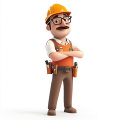 3D image of a smiling construction worker wearing a helmet and holding tools