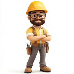 Smiling construction workers with tools such as hammers and wrenches, wearing safety helmets, standing on a worksite