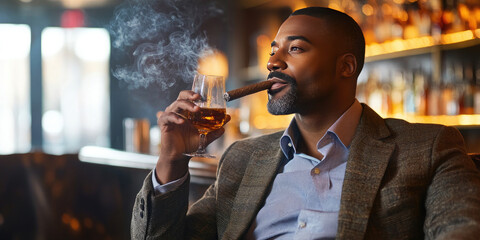 Businessman is enjoying a cigar and whiskey after a hard day's work. He is sitting at the bar, and he is looking off into the distance
