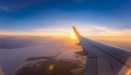 Obraz premium The view from the airplane window, showing a panoramic view of the sky and clouds or the landscape below. generative ai