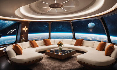 A spaceship interior with a large, curved window providing a view of Earth and stars