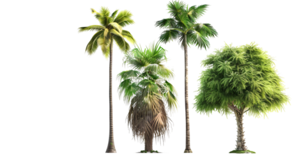 Three palm trees are shown in a row, with the middle one being the tallest on a transparent background.