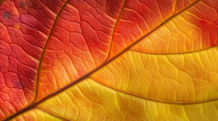 Close-up of a vibrant autumn leaf showcasing intricate textures and color gradients.