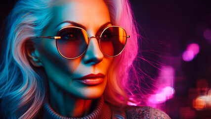 Close-up portrait of stylish senior woman in sunglasses illuminated by neon light