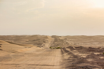 A desert road in the middle of the golden sands in Jalan Bani Bu Ali, Sultanate of Oman